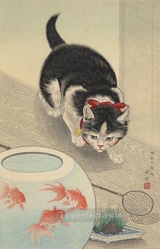 Gato y cuenco de peces de colores 1933 Gatito Ohara Koson Pinturas al óleo